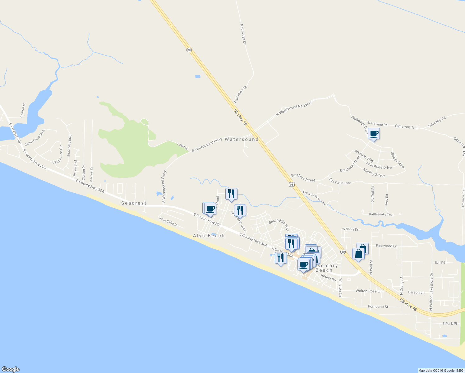 map of restaurants, bars, coffee shops, grocery stores, and more near Alys Beach Nature Trail in Panama City Beach