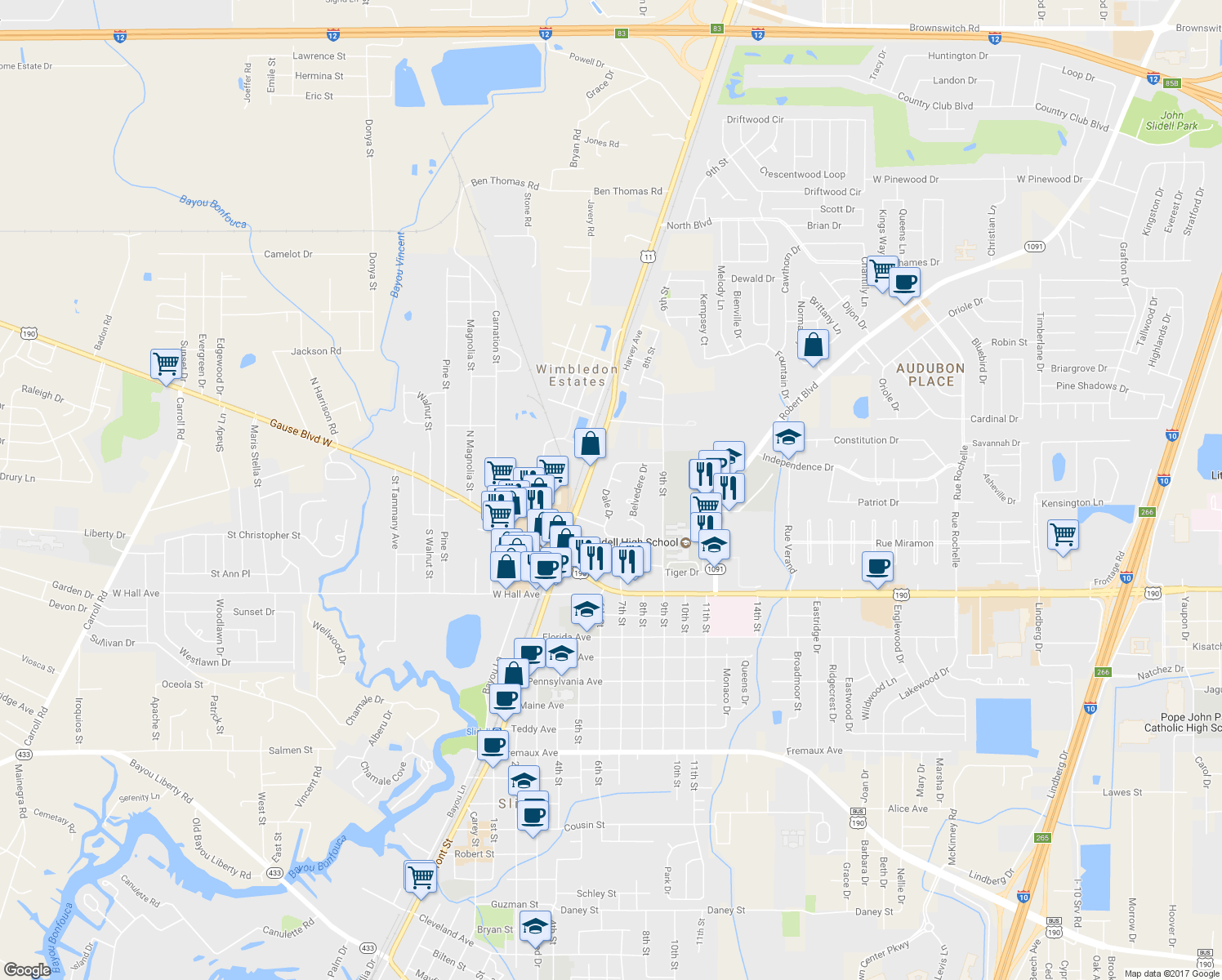 map of restaurants, bars, coffee shops, grocery stores, and more near 656 Dale Drive in Slidell