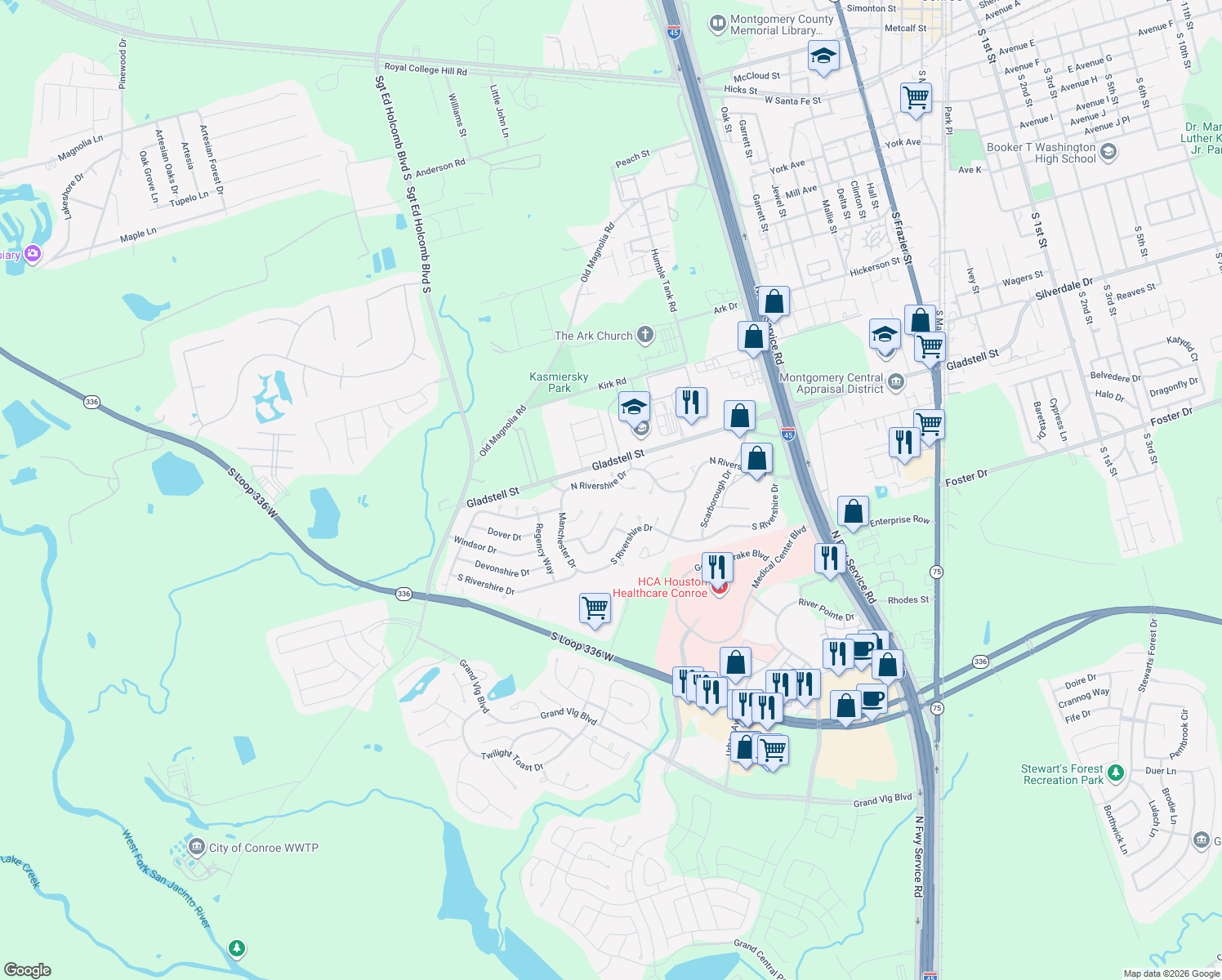 map of restaurants, bars, coffee shops, grocery stores, and more near 803 North Rivershire Drive in Conroe