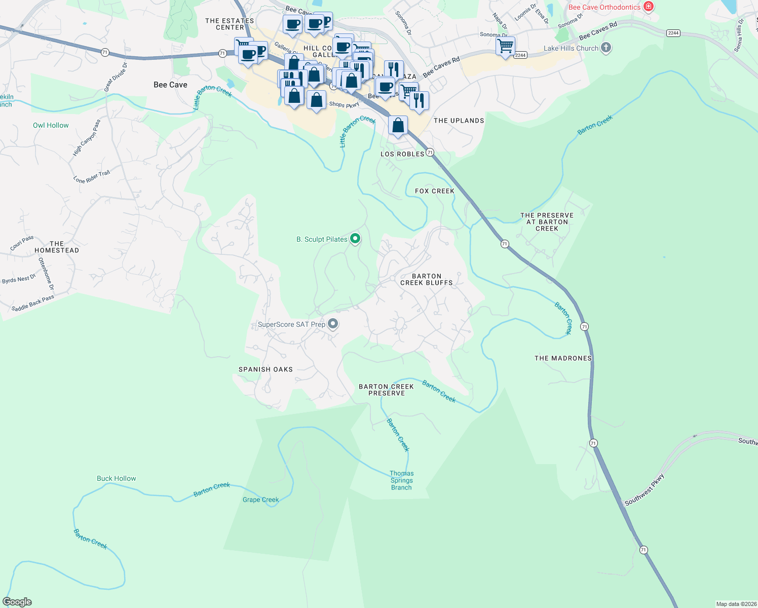 map of restaurants, bars, coffee shops, grocery stores, and more near 5009 Spanish Oaks Club Boulevard in Austin
