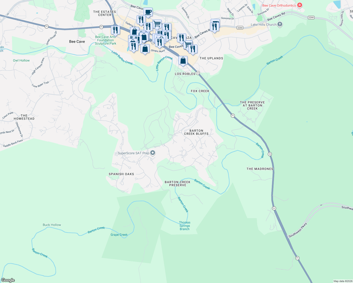map of restaurants, bars, coffee shops, grocery stores, and more near 5005 Spanish Oaks Club Boulevard in Austin