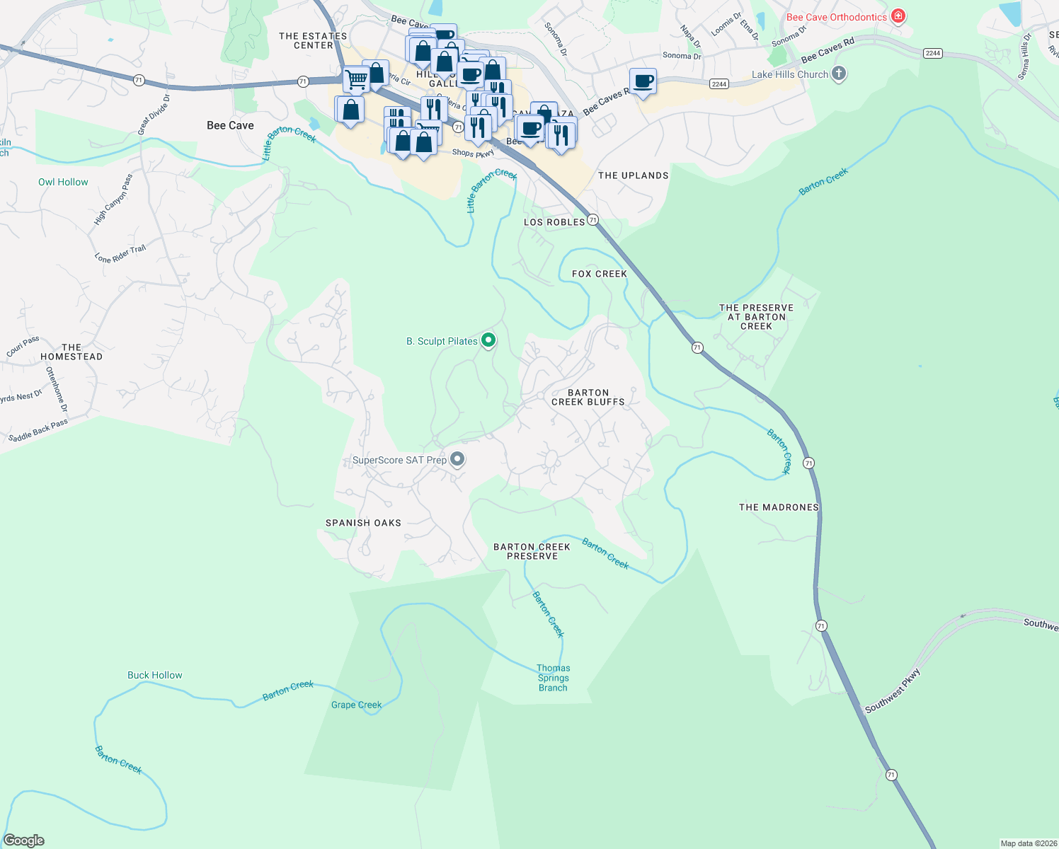 map of restaurants, bars, coffee shops, grocery stores, and more near 5005 Spanish Oaks Club Boulevard in Austin