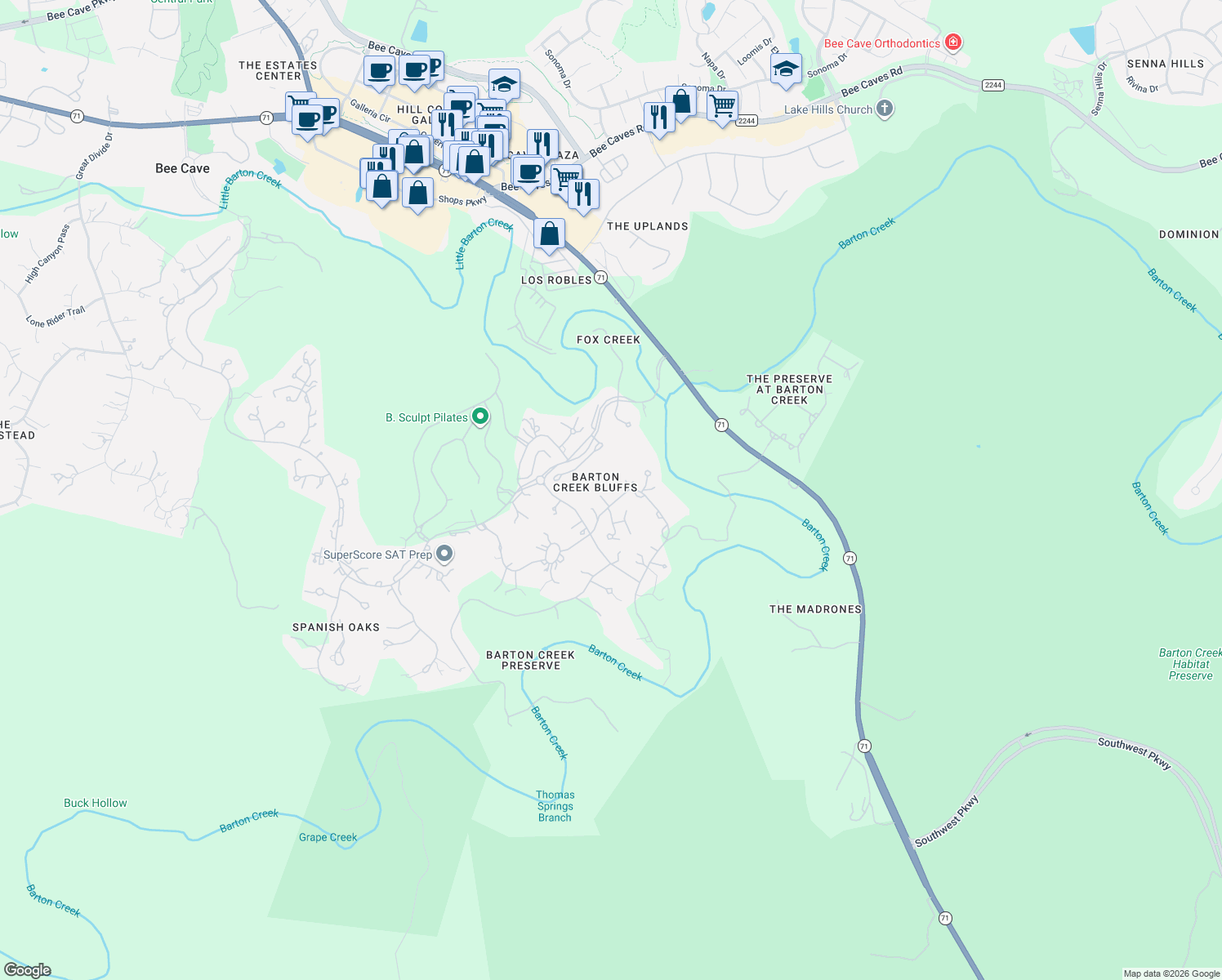 map of restaurants, bars, coffee shops, grocery stores, and more near 11628 Musket Rim Street in Austin
