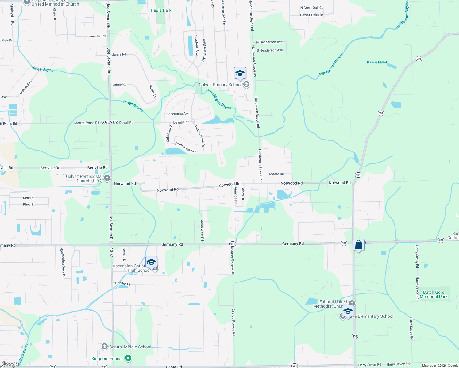 map of restaurants, bars, coffee shops, grocery stores, and more near Norwood Road in Gonzales