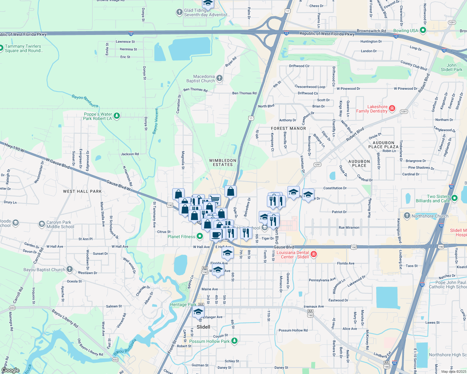 map of restaurants, bars, coffee shops, grocery stores, and more near 1007 Front Street in Slidell