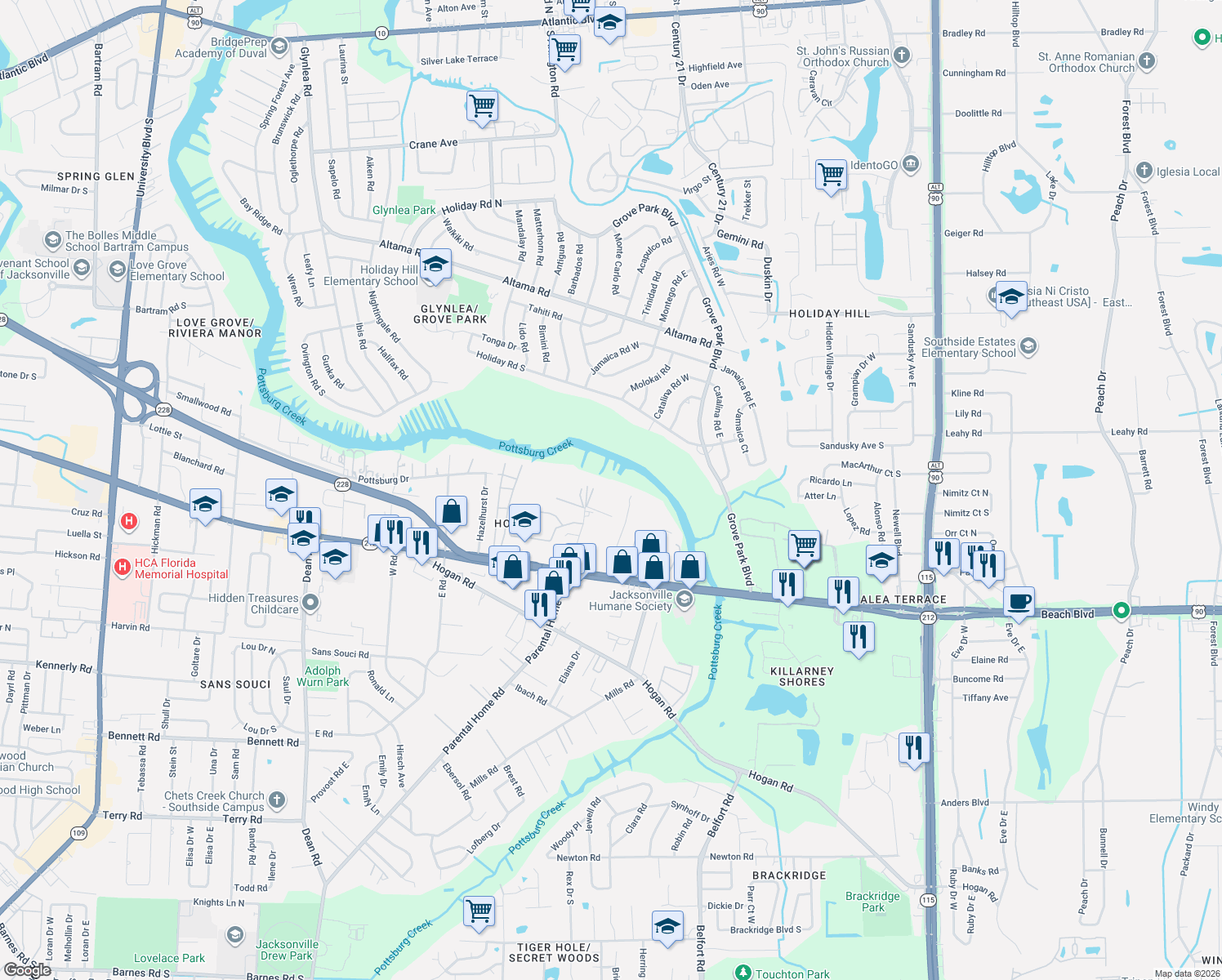 map of restaurants, bars, coffee shops, grocery stores, and more near 8027 Tara Lane in Jacksonville
