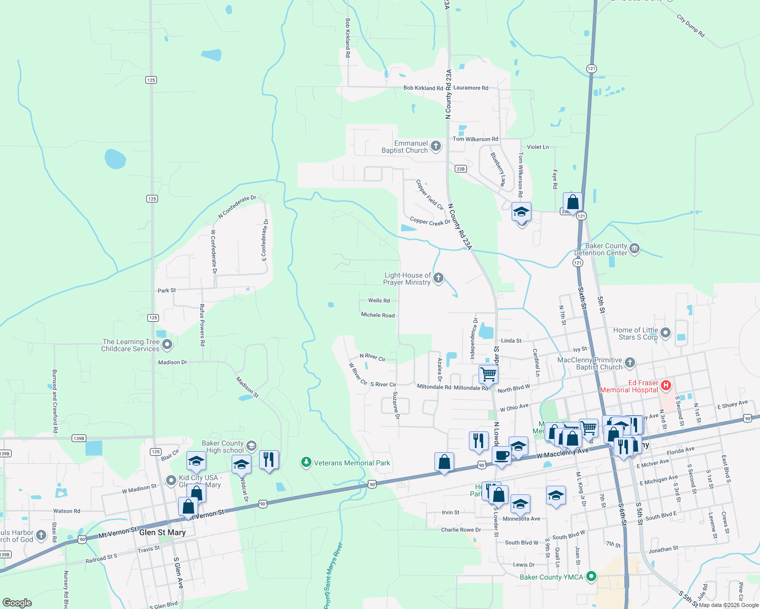 map of restaurants, bars, coffee shops, grocery stores, and more near 6110 Wells Road in Macclenny