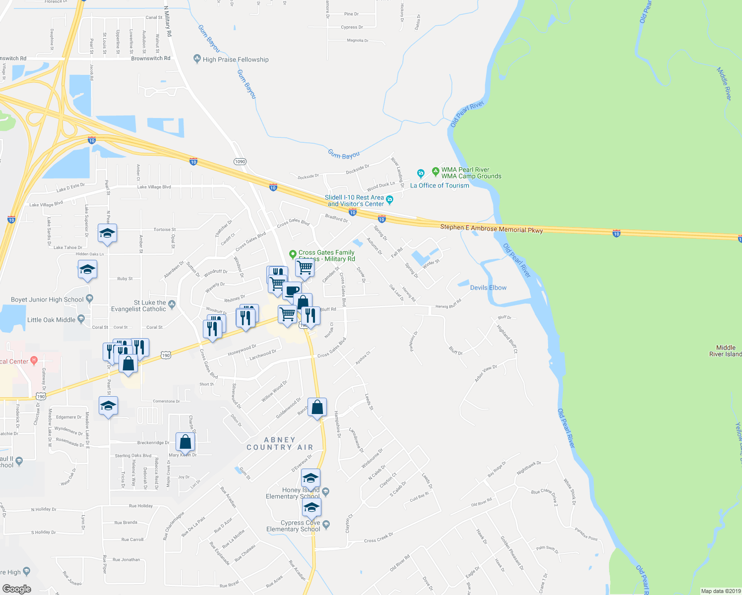 map of restaurants, bars, coffee shops, grocery stores, and more near 189 Trenton Drive in Slidell