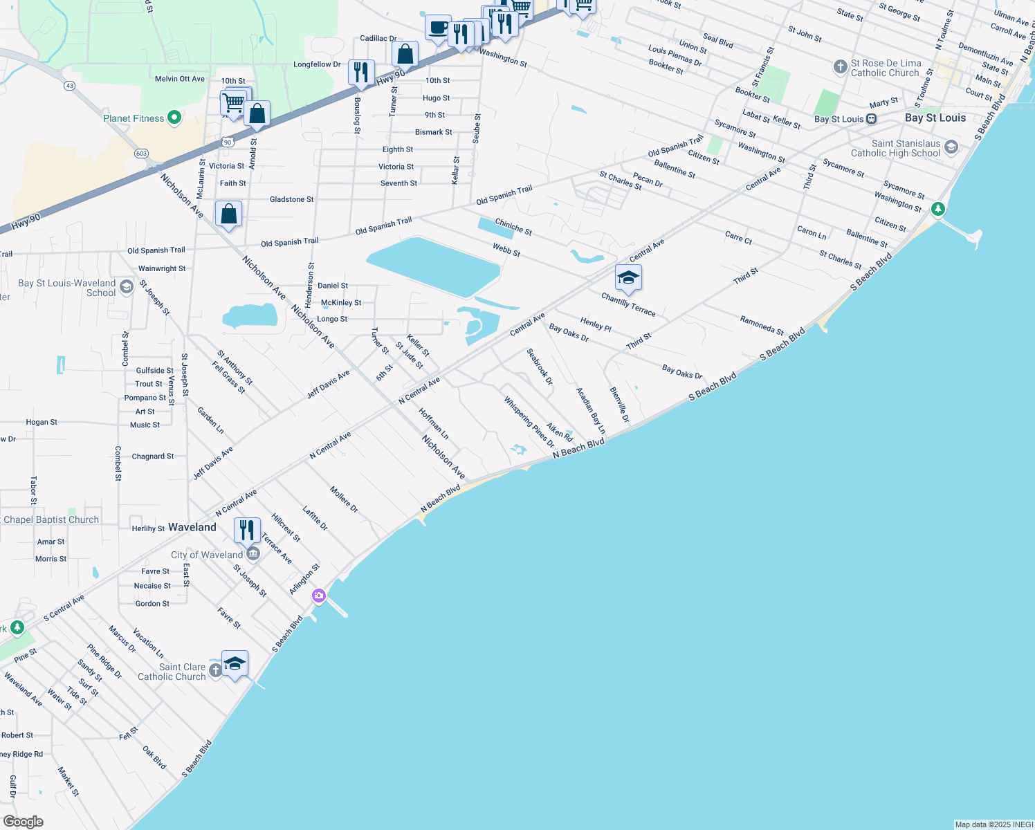 map of restaurants, bars, coffee shops, grocery stores, and more near 115 Whispering Pines Dr in Waveland