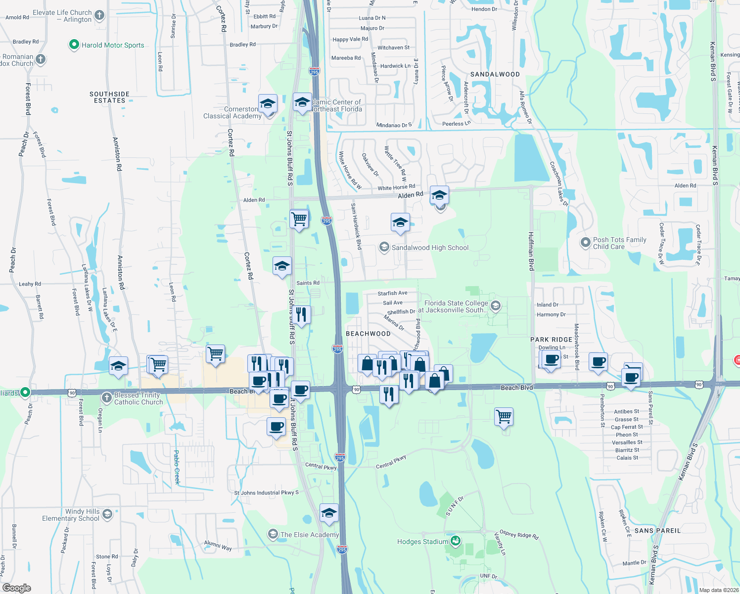 map of restaurants, bars, coffee shops, grocery stores, and more near 2855 Mangrove Avenue in Jacksonville