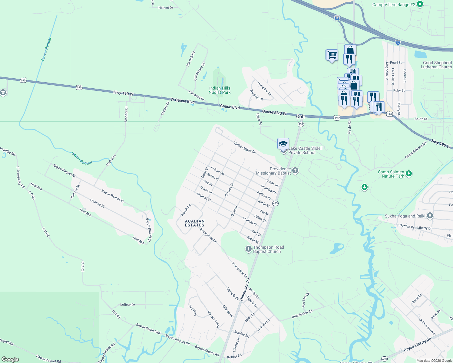 map of restaurants, bars, coffee shops, grocery stores, and more near 2312 Robin Street in Slidell