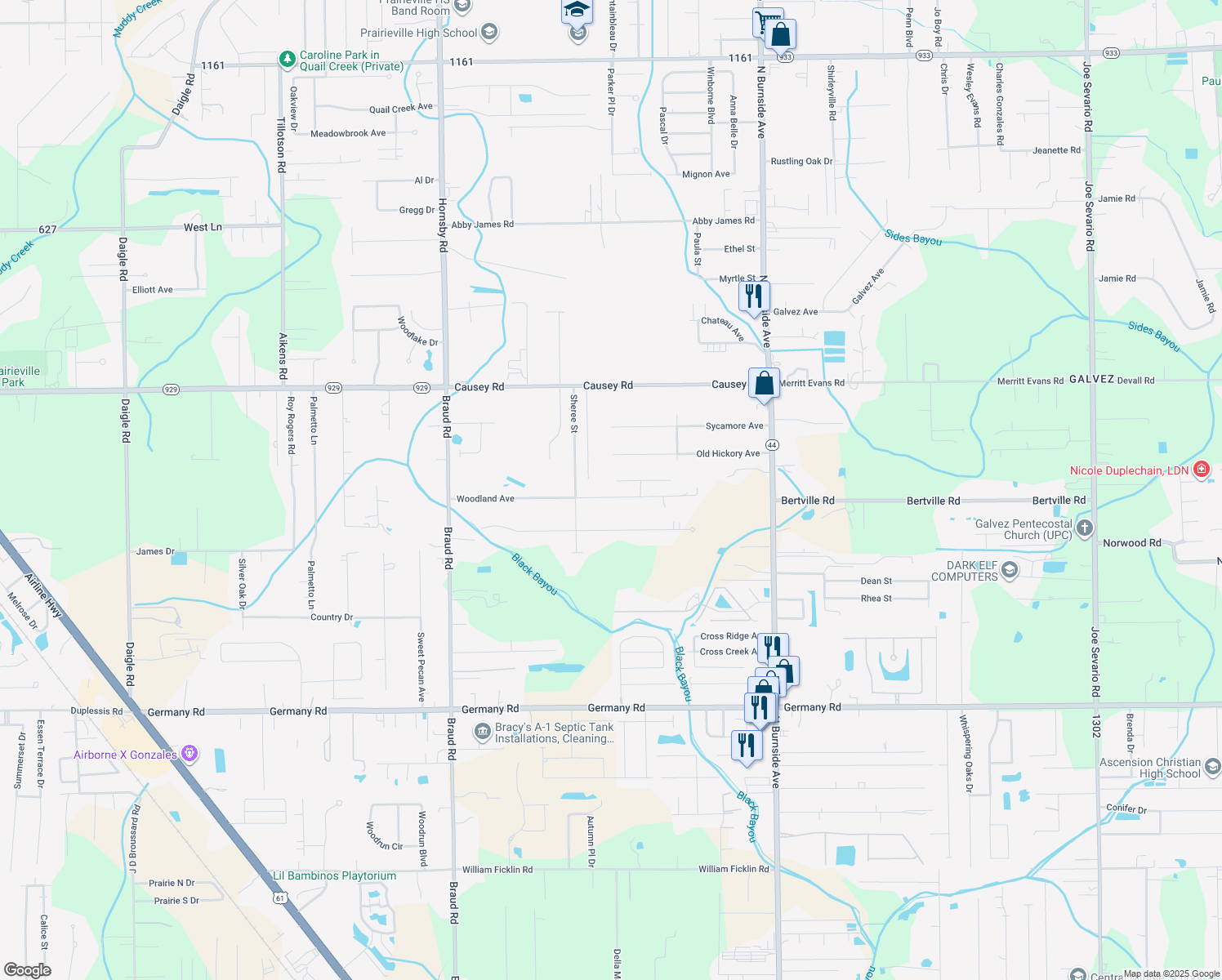 map of restaurants, bars, coffee shops, grocery stores, and more near 40270 Woodland Avenue in Gonzales