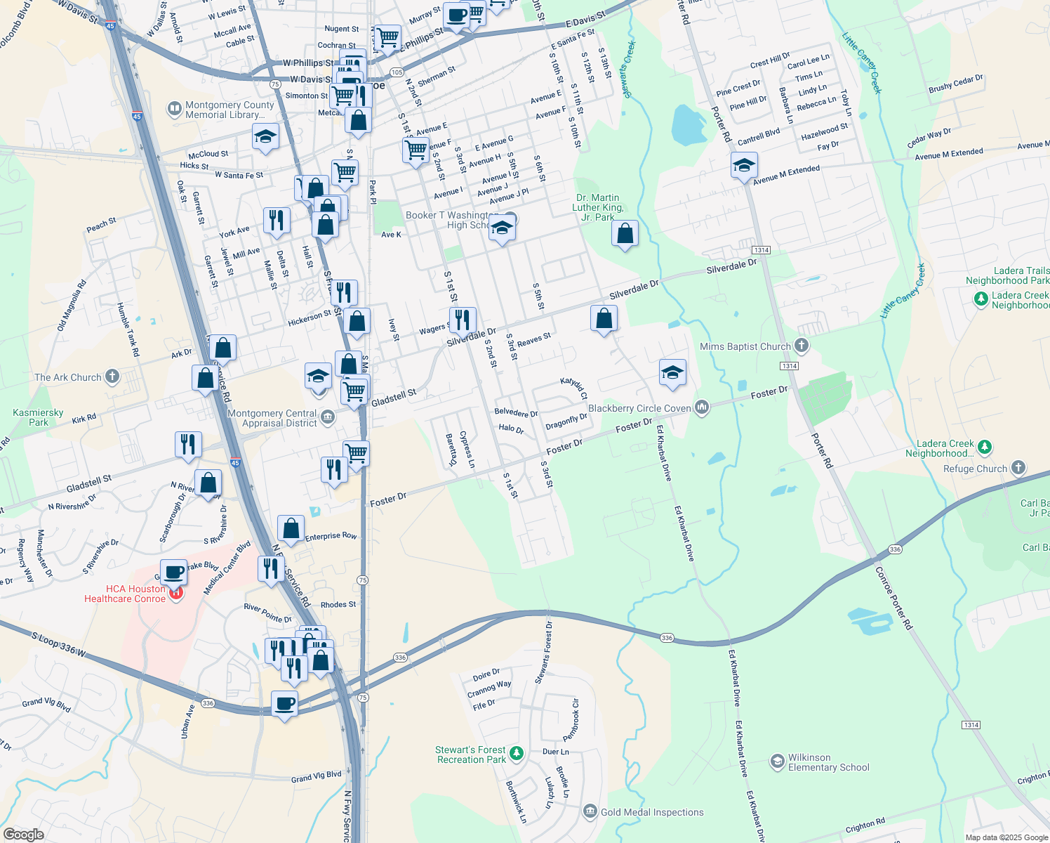 map of restaurants, bars, coffee shops, grocery stores, and more near 116 Belvedere Drive in Conroe
