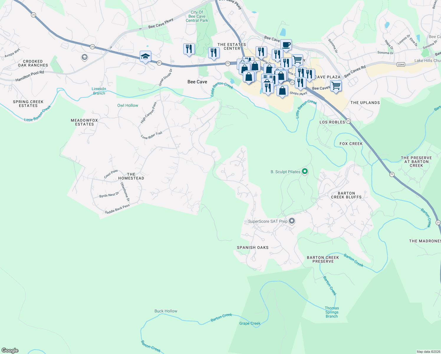 map of restaurants, bars, coffee shops, grocery stores, and more near 6016 Spanish Oaks Club Boulevard in Austin