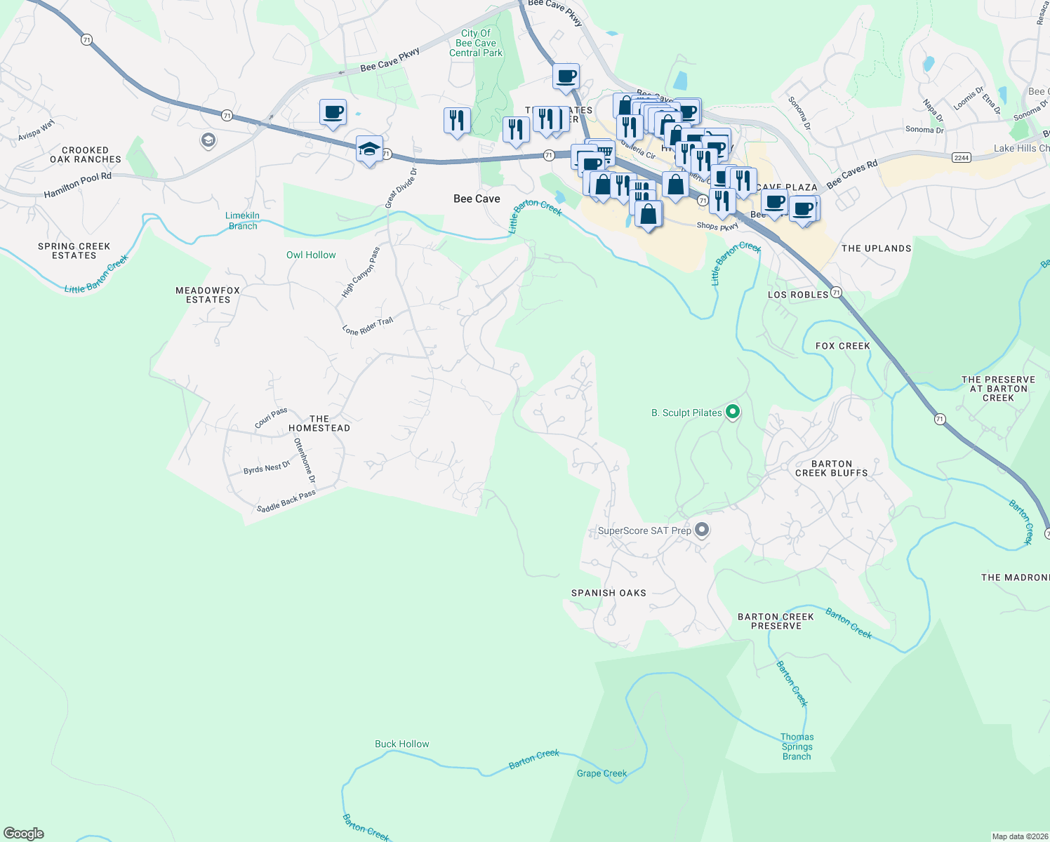 map of restaurants, bars, coffee shops, grocery stores, and more near 12629 Sideoats Drive in Austin