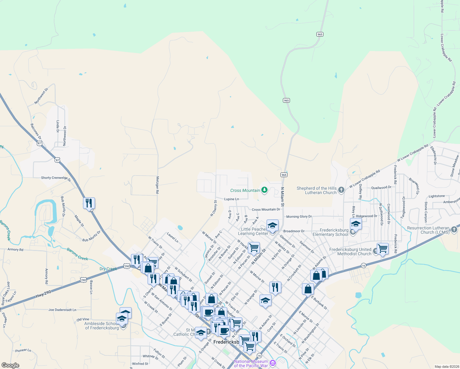 map of restaurants, bars, coffee shops, grocery stores, and more near 1209 Spotted Fawn Tr in Fredericksburg