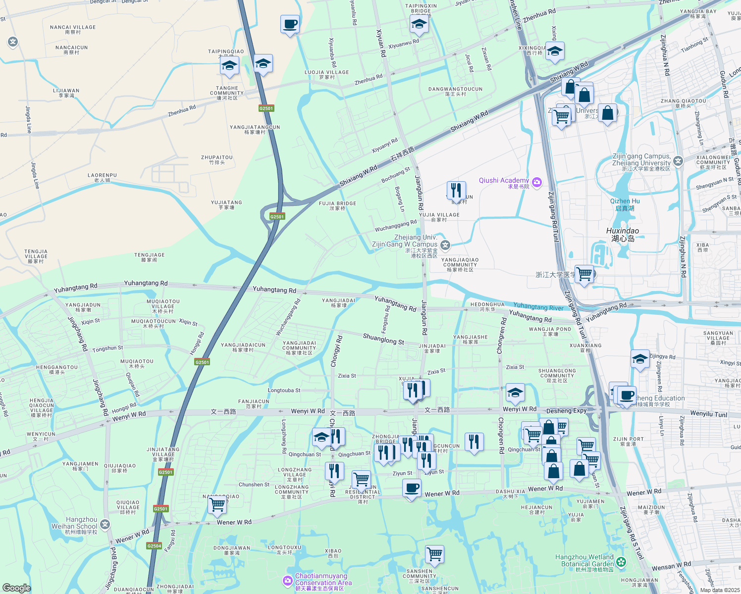 map of restaurants, bars, coffee shops, grocery stores, and more near Yu Hang Tang Lu in Hang Zhou Shi