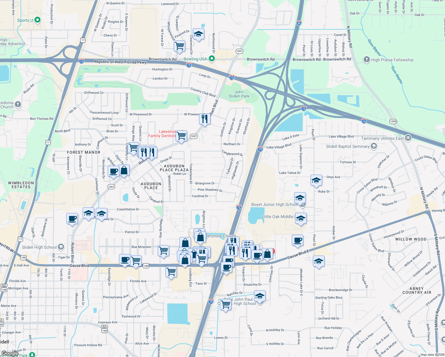 map of restaurants, bars, coffee shops, grocery stores, and more near 433 Live Oak Drive in Slidell