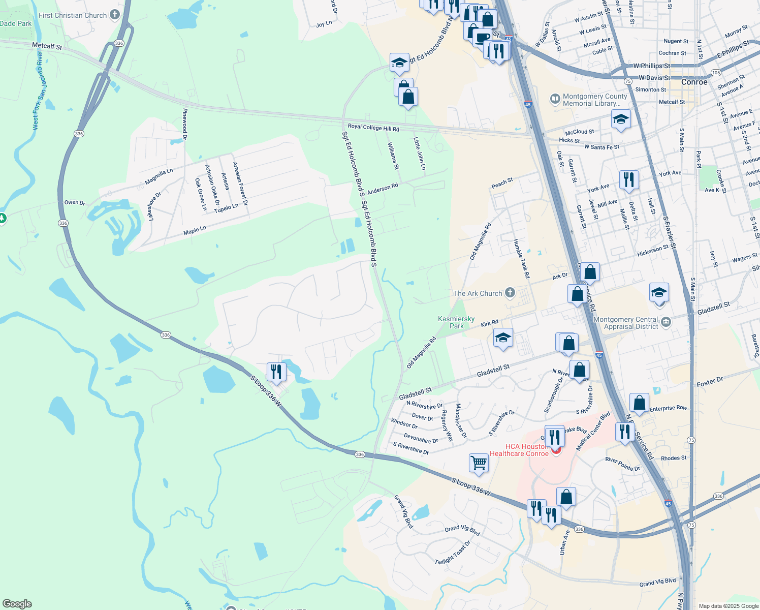 map of restaurants, bars, coffee shops, grocery stores, and more near 5 Oak Glen in Conroe
