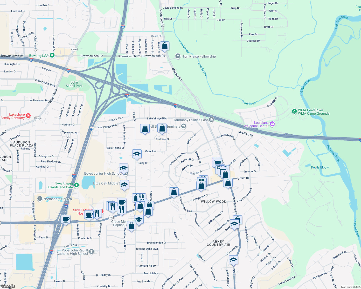 map of restaurants, bars, coffee shops, grocery stores, and more near 102 Aberdeen Dr in Slidell