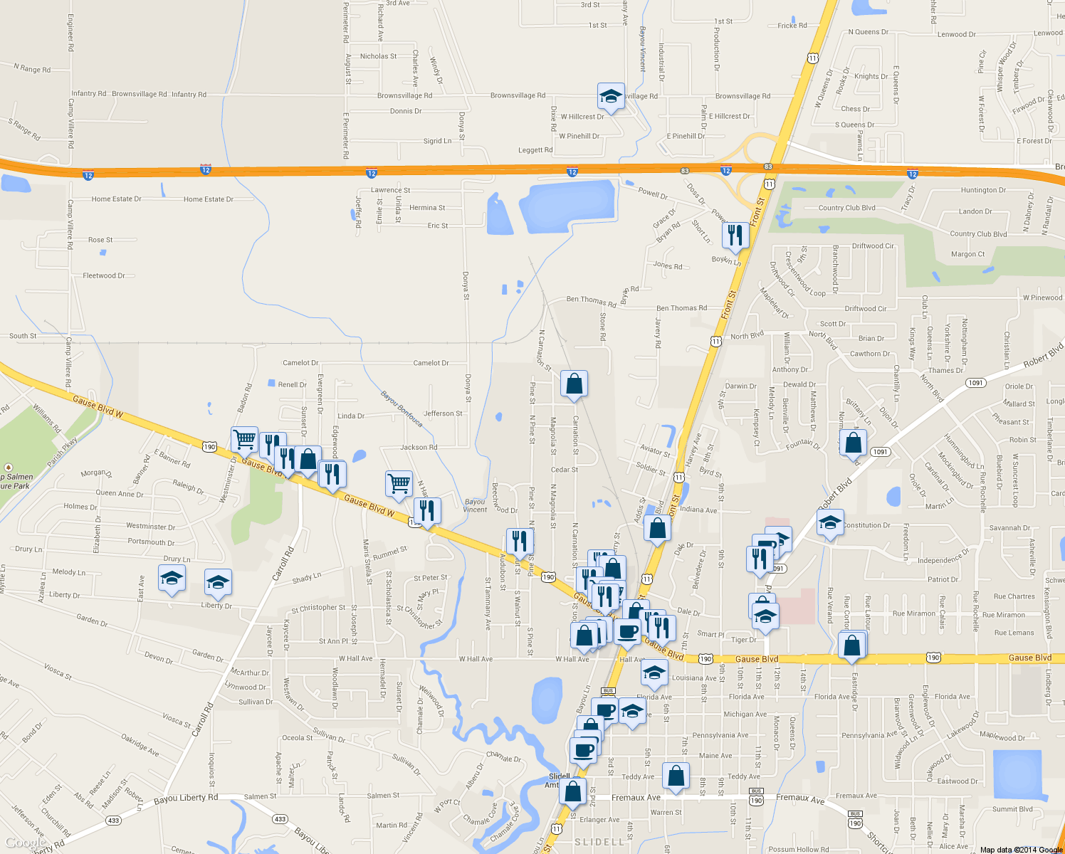 map of restaurants, bars, coffee shops, grocery stores, and more near 401 N Pine St in Slidell