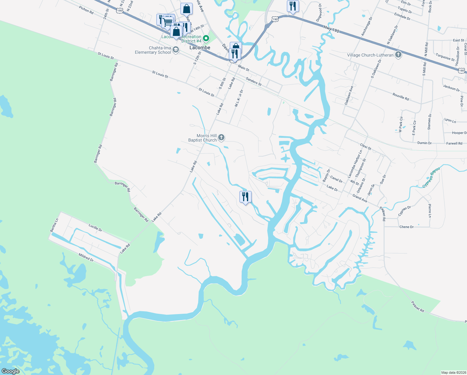 map of restaurants, bars, coffee shops, grocery stores, and more near 28199 Creole Rd in Lacombe