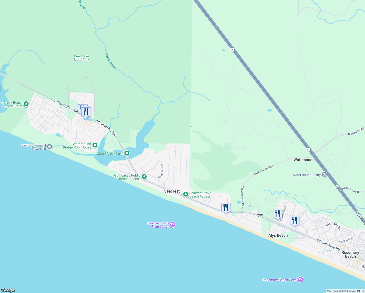 map of restaurants, bars, coffee shops, grocery stores, and more near 500 Clareon Drive in Panama City Beach