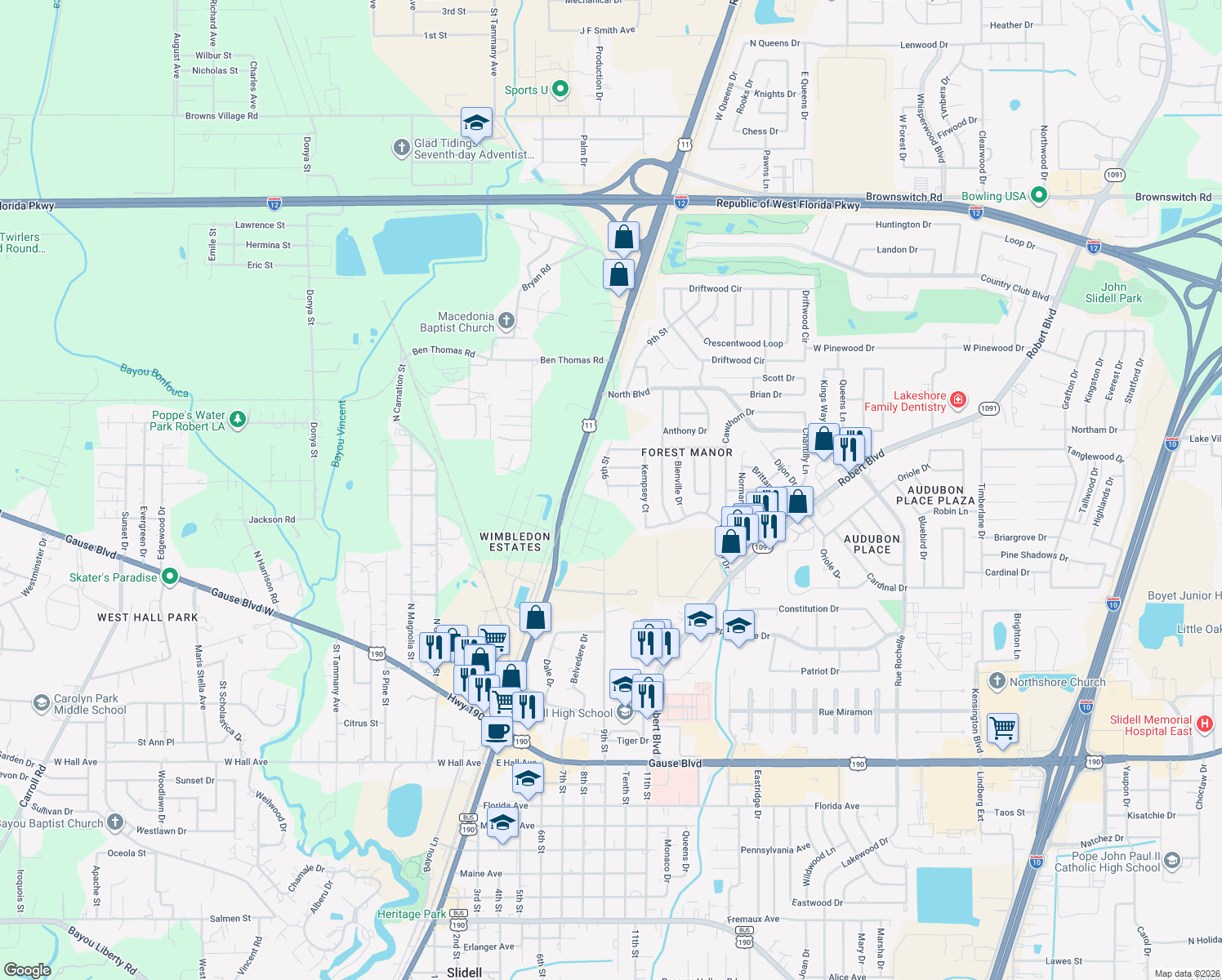 map of restaurants, bars, coffee shops, grocery stores, and more near 647 9th Street in Slidell