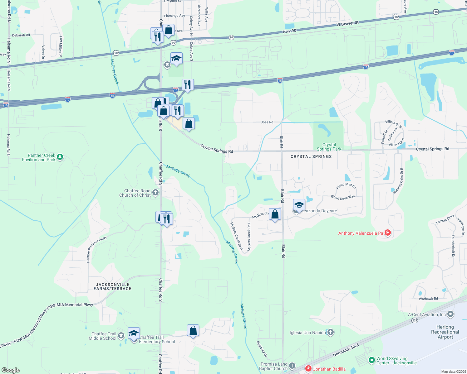 map of restaurants, bars, coffee shops, grocery stores, and more near 1123 Wild Azalea Drive in Jacksonville