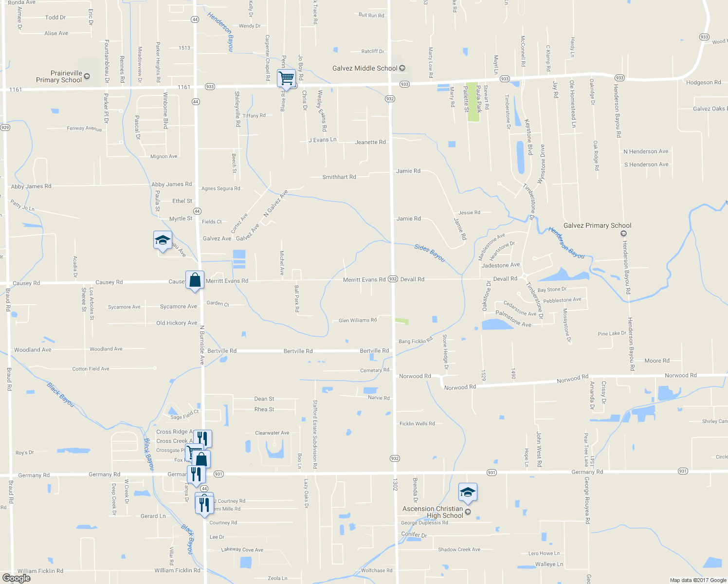 map of restaurants, bars, coffee shops, grocery stores, and more near 41459 Merritt Evans Road in Prairieville
