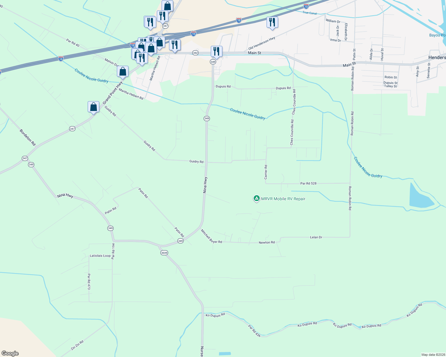 map of restaurants, bars, coffee shops, grocery stores, and more near 1291 Ches Courville Rd in Breaux Bridge
