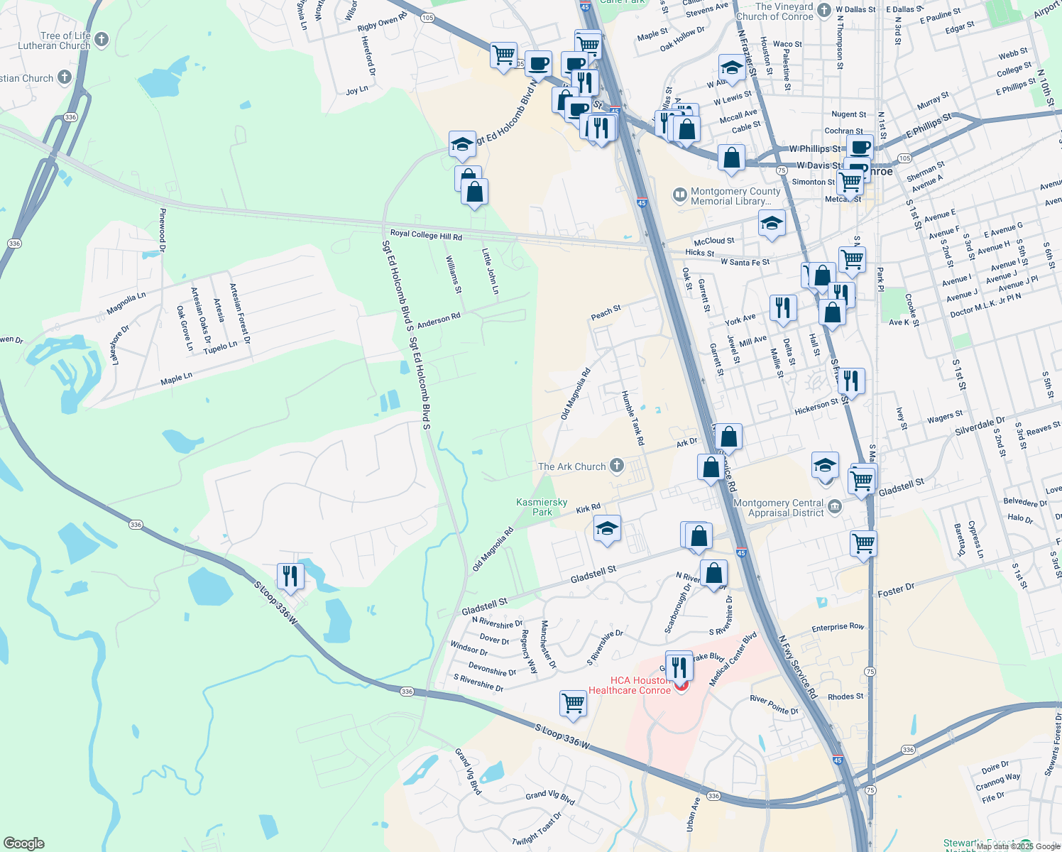 map of restaurants, bars, coffee shops, grocery stores, and more near 1521 White Road in Conroe