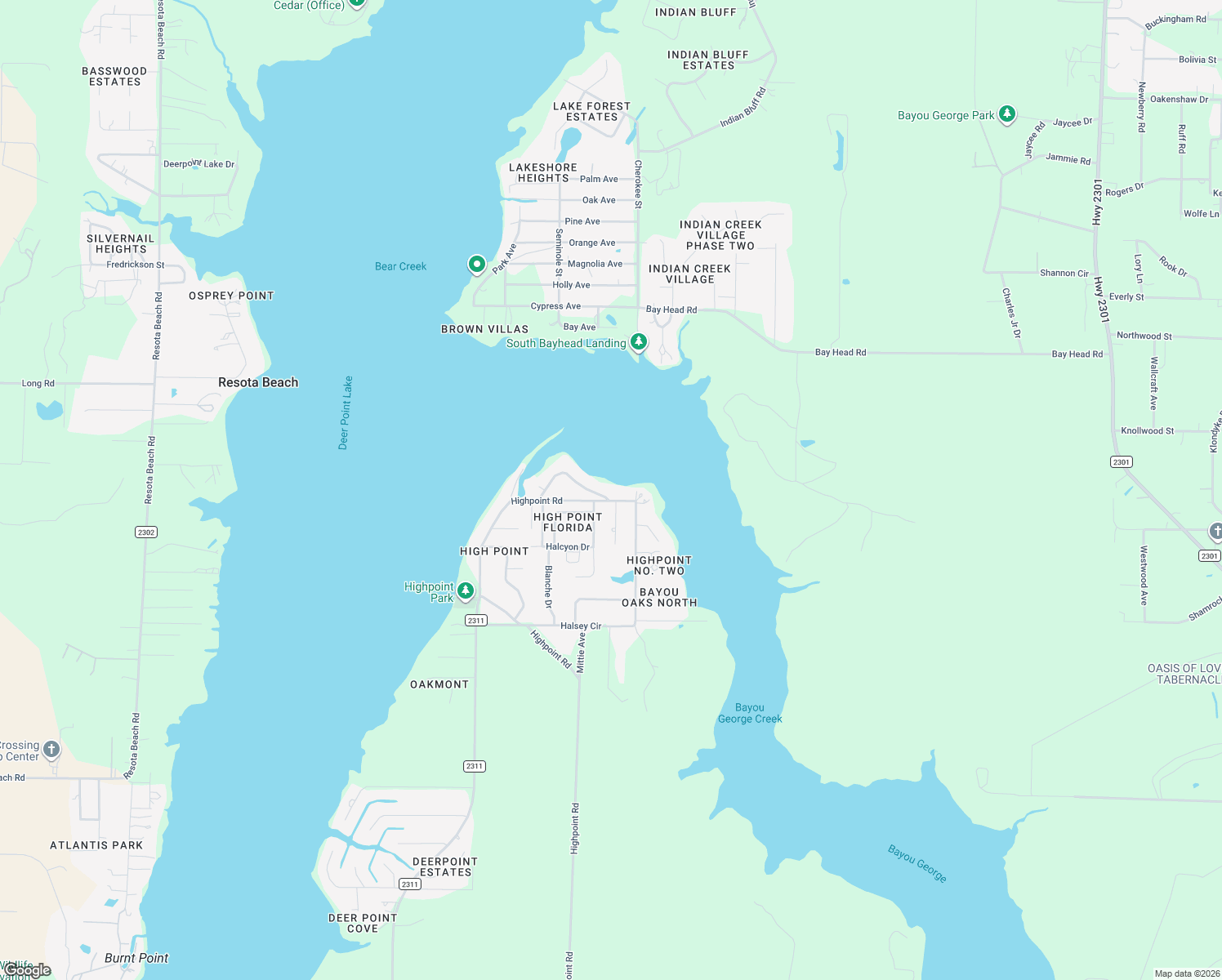 map of restaurants, bars, coffee shops, grocery stores, and more near 5007 High Point Drive in Panama City