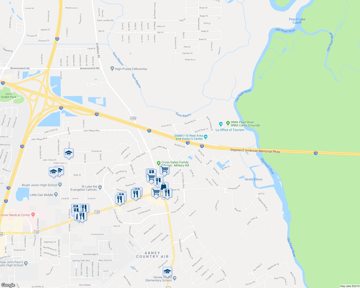map of restaurants, bars, coffee shops, grocery stores, and more near 514 Bradford Drive in Slidell