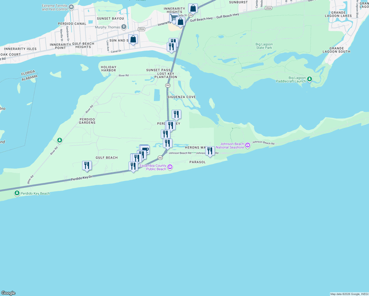 map of restaurants, bars, coffee shops, grocery stores, and more near 860 Sailfish Ct in Pensacola