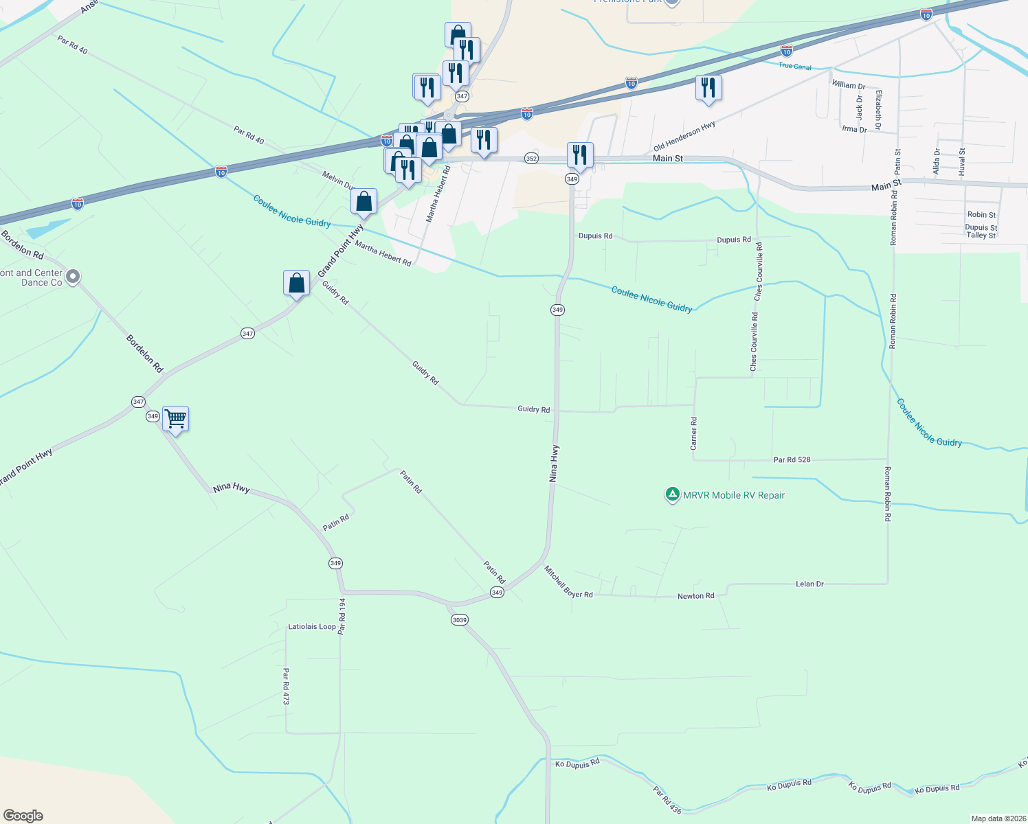 map of restaurants, bars, coffee shops, grocery stores, and more near 1182 Par Road 34 in Breaux Bridge