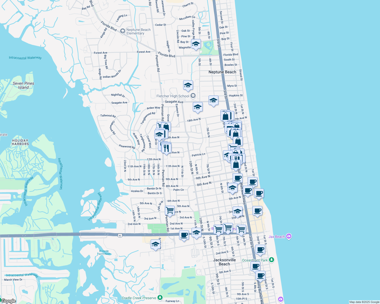 map of restaurants, bars, coffee shops, grocery stores, and more near 924 13th Avenue North in Jacksonville Beach