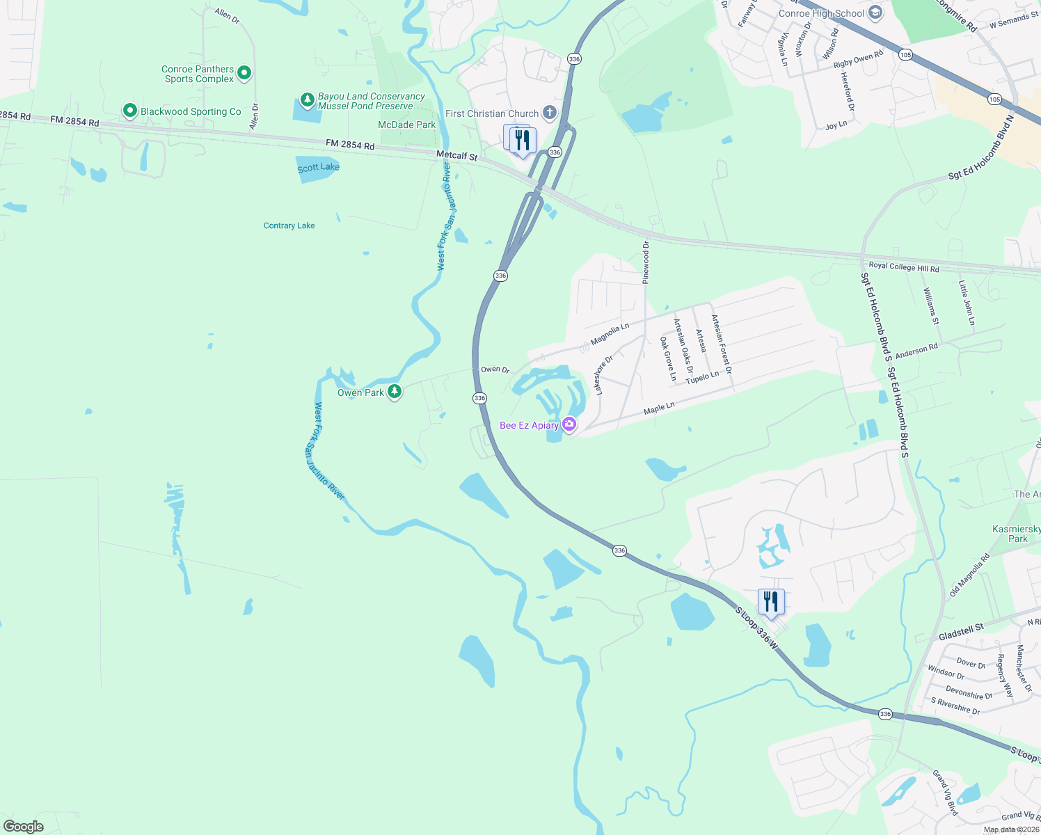 map of restaurants, bars, coffee shops, grocery stores, and more near 3307 Hamilton Circle in Conroe