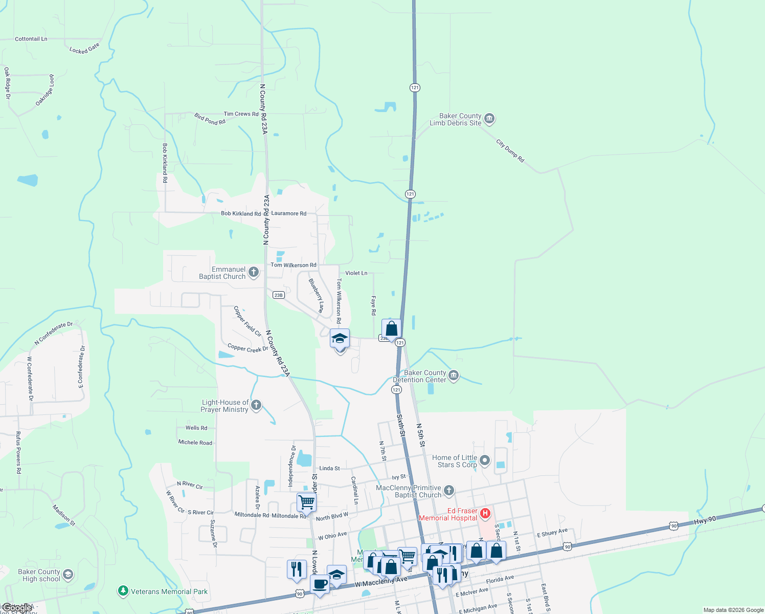 map of restaurants, bars, coffee shops, grocery stores, and more near 11807 Faye Road in Macclenny