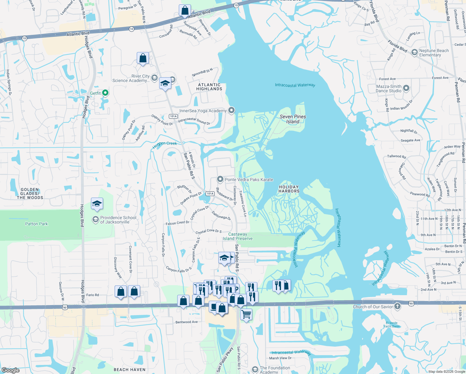 map of restaurants, bars, coffee shops, grocery stores, and more near 2440 Castaway Dr in Jacksonville