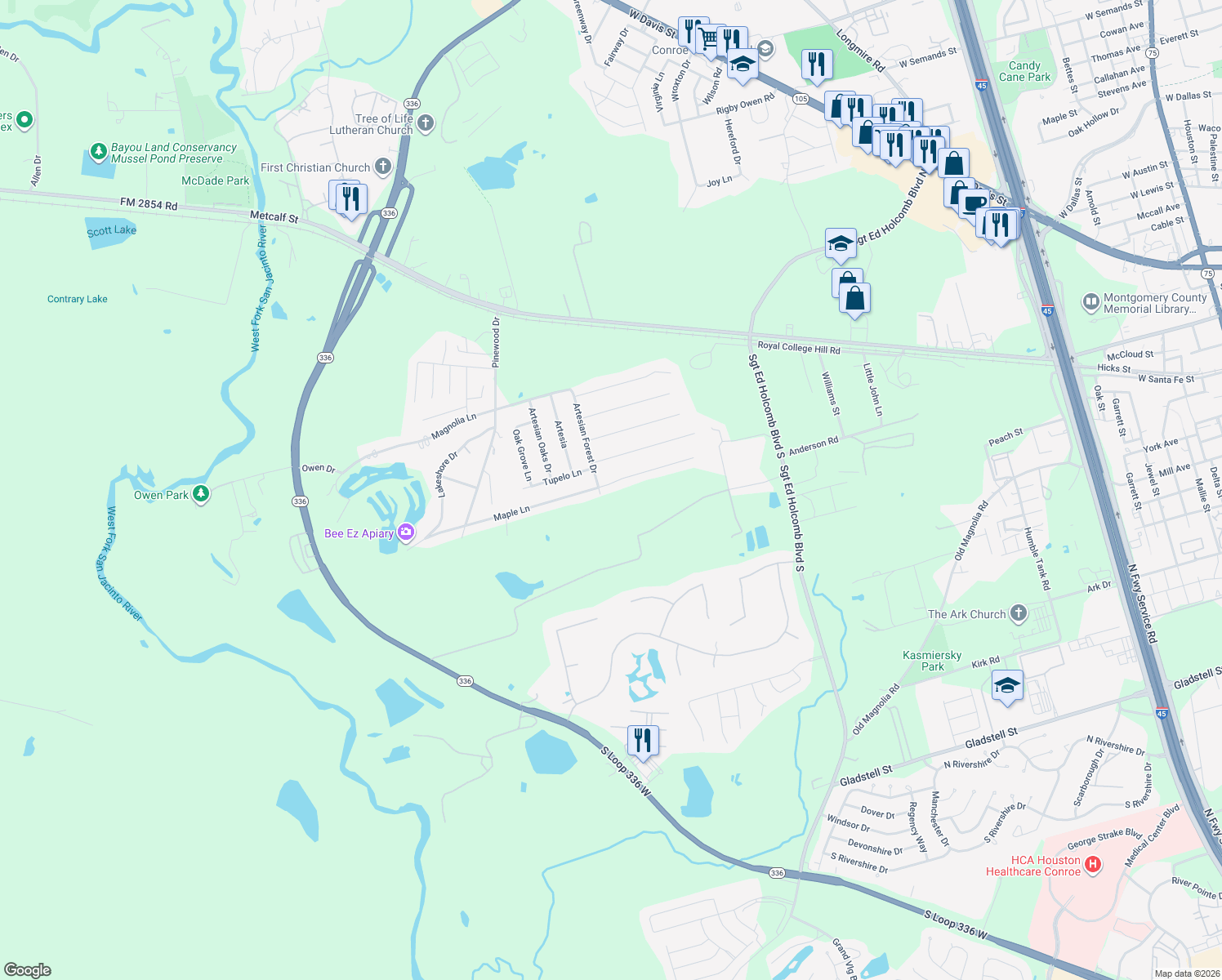 map of restaurants, bars, coffee shops, grocery stores, and more near 253 Maple Lane in Conroe