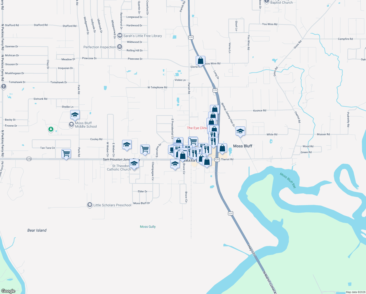 map of restaurants, bars, coffee shops, grocery stores, and more near 332 Sam Houston Jones Pkwy in Lake Charles