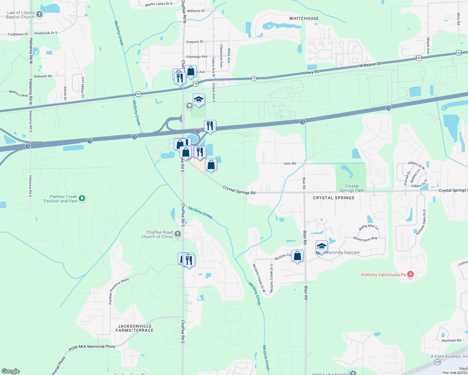 map of restaurants, bars, coffee shops, grocery stores, and more near 10745 Crystal Springs Road in Jacksonville