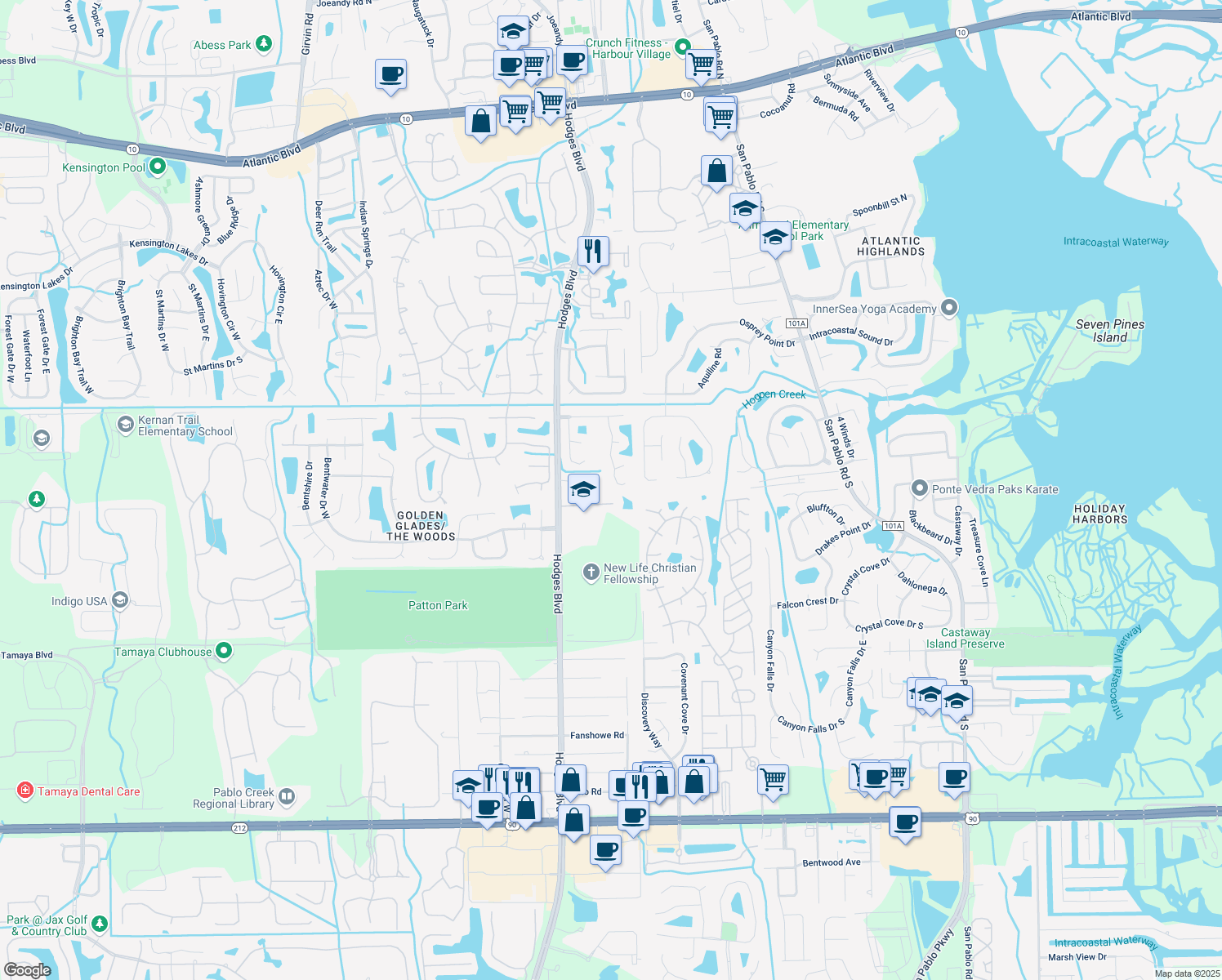 map of restaurants, bars, coffee shops, grocery stores, and more near 2494 Snowy Egret Drive in Jacksonville