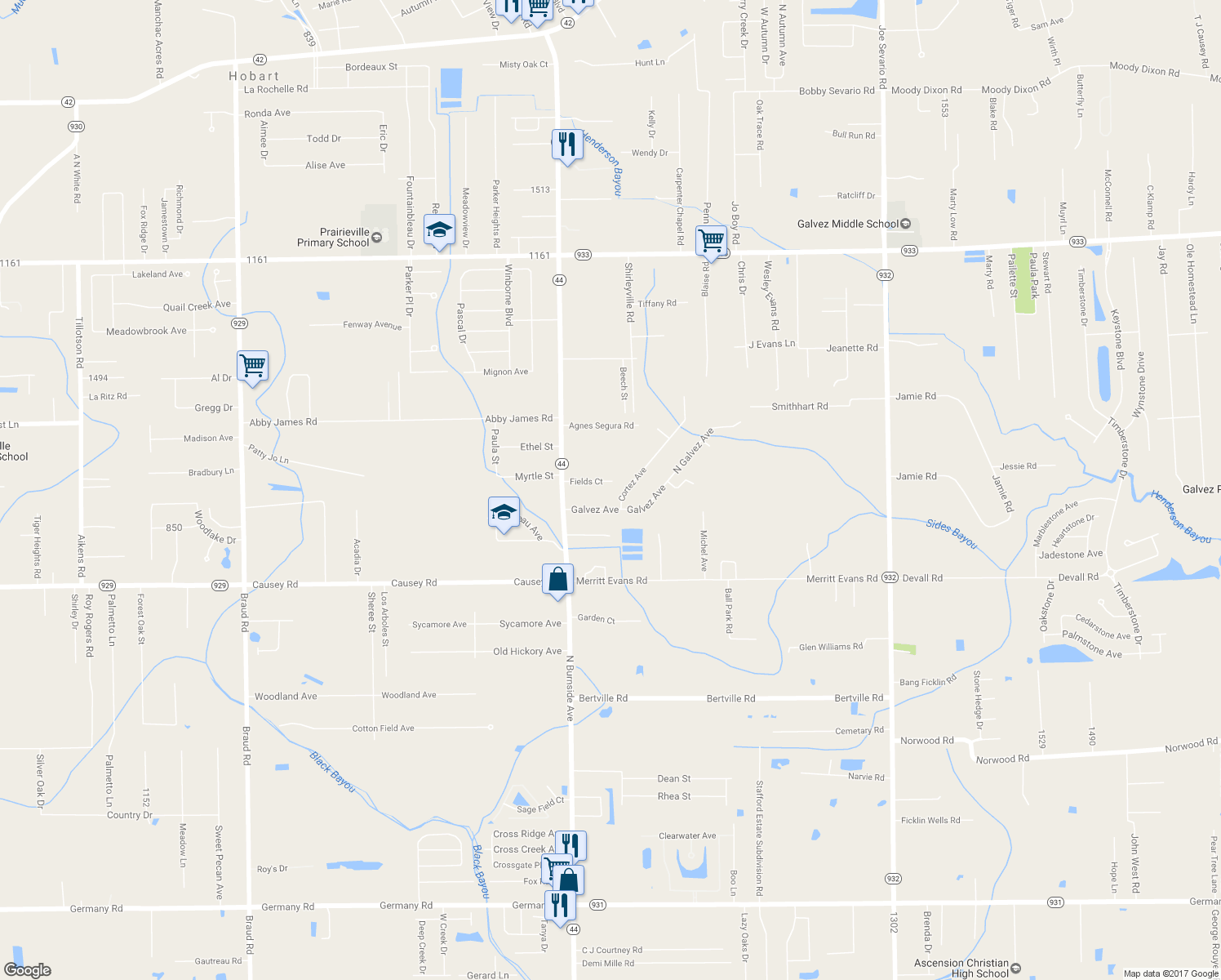 map of restaurants, bars, coffee shops, grocery stores, and more near 41077 Fields Court in Prairieville
