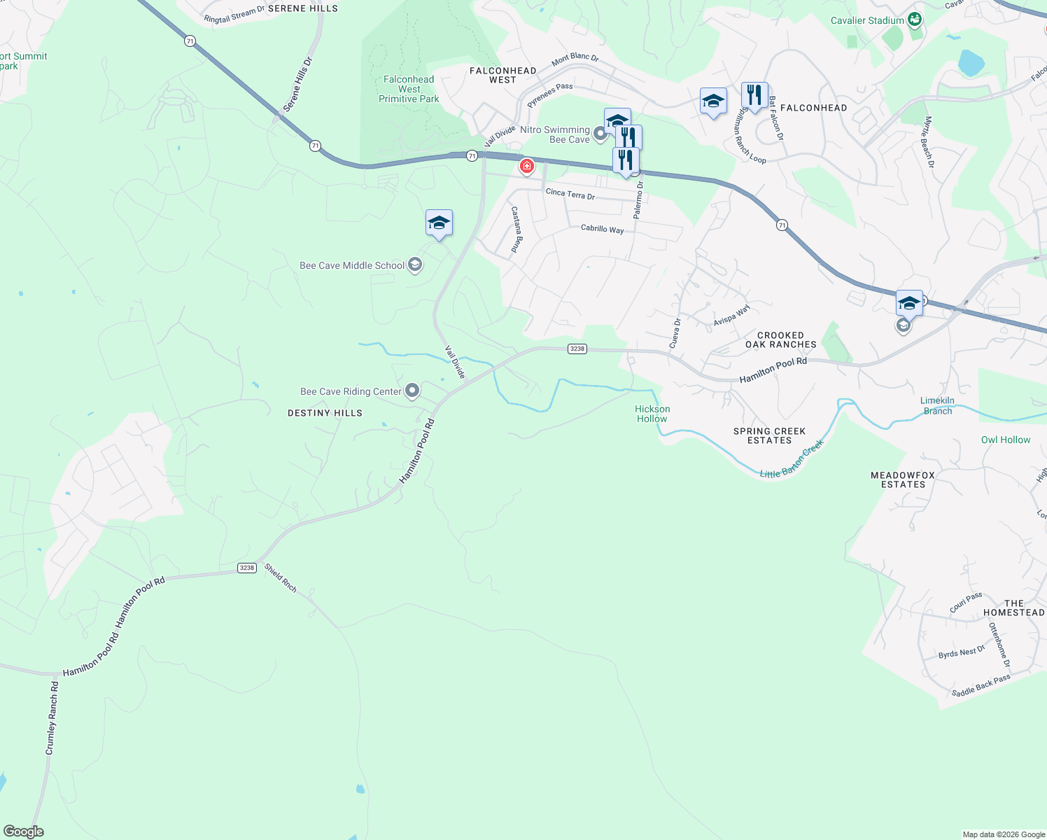 map of restaurants, bars, coffee shops, grocery stores, and more near 15603 Hamilton Pool Road in Austin