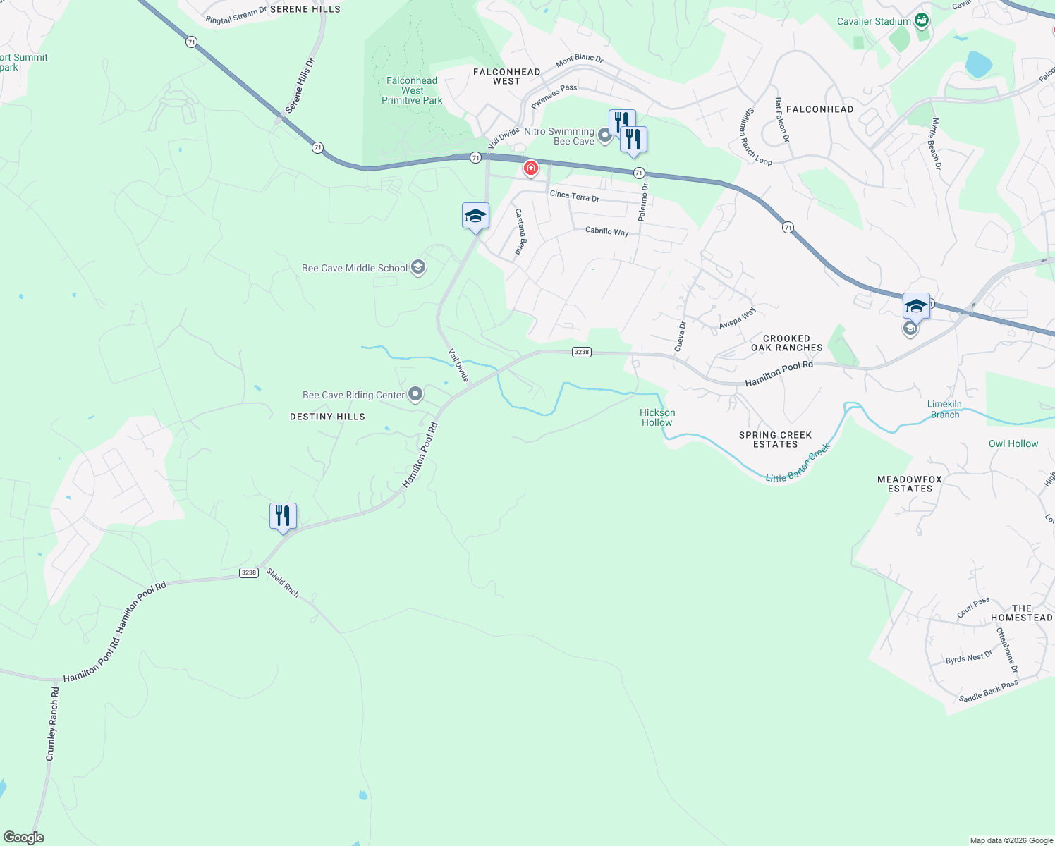 map of restaurants, bars, coffee shops, grocery stores, and more near 15603 Hamilton Pool Road in Austin