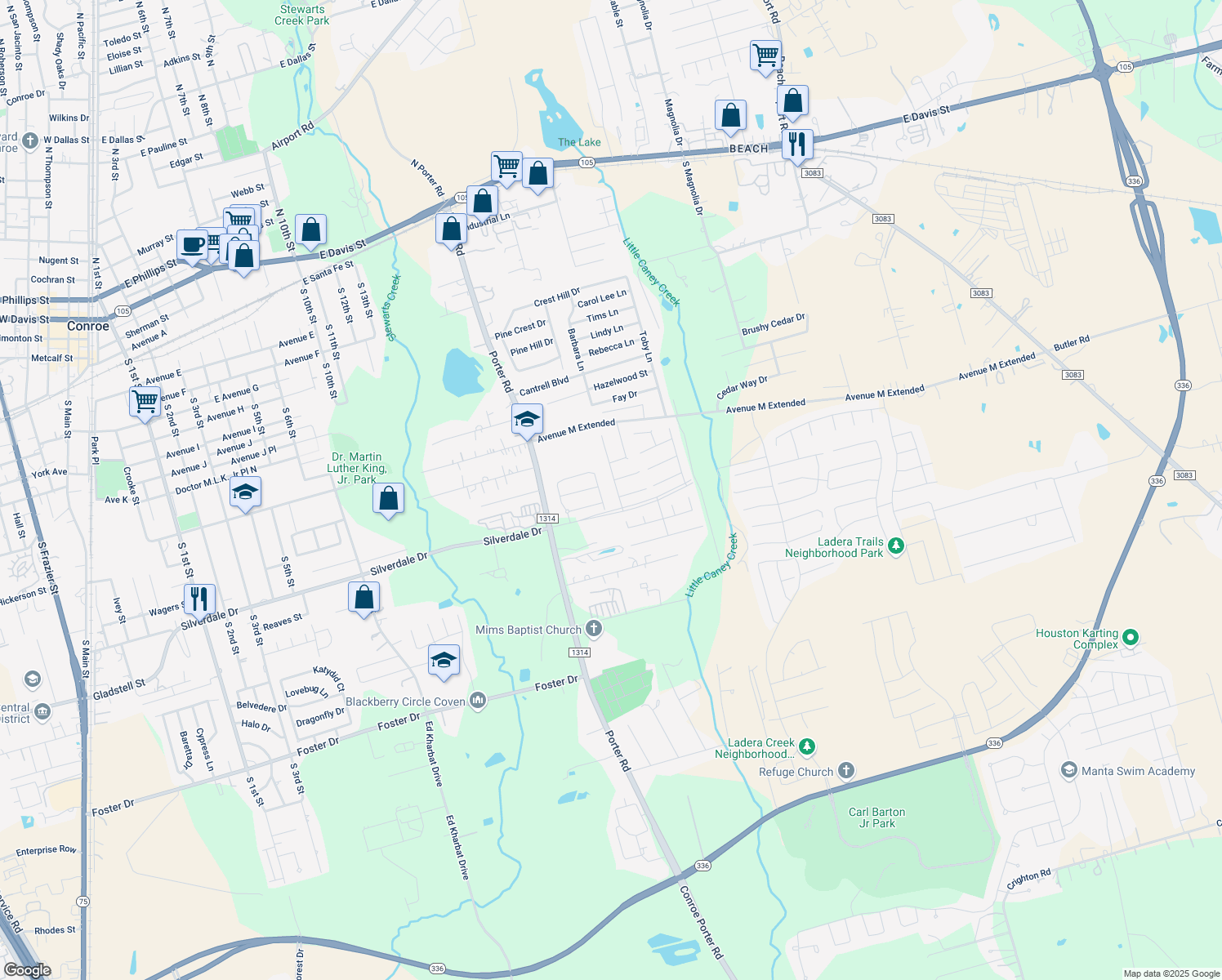 map of restaurants, bars, coffee shops, grocery stores, and more near 1440 Natural Pine Trail in Conroe