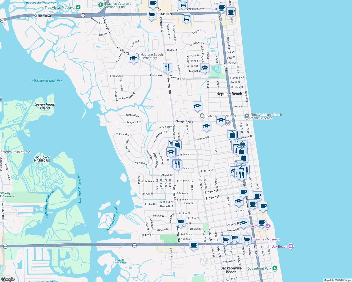 map of restaurants, bars, coffee shops, grocery stores, and more near 1815 Penman Rd in Jacksonville Beach