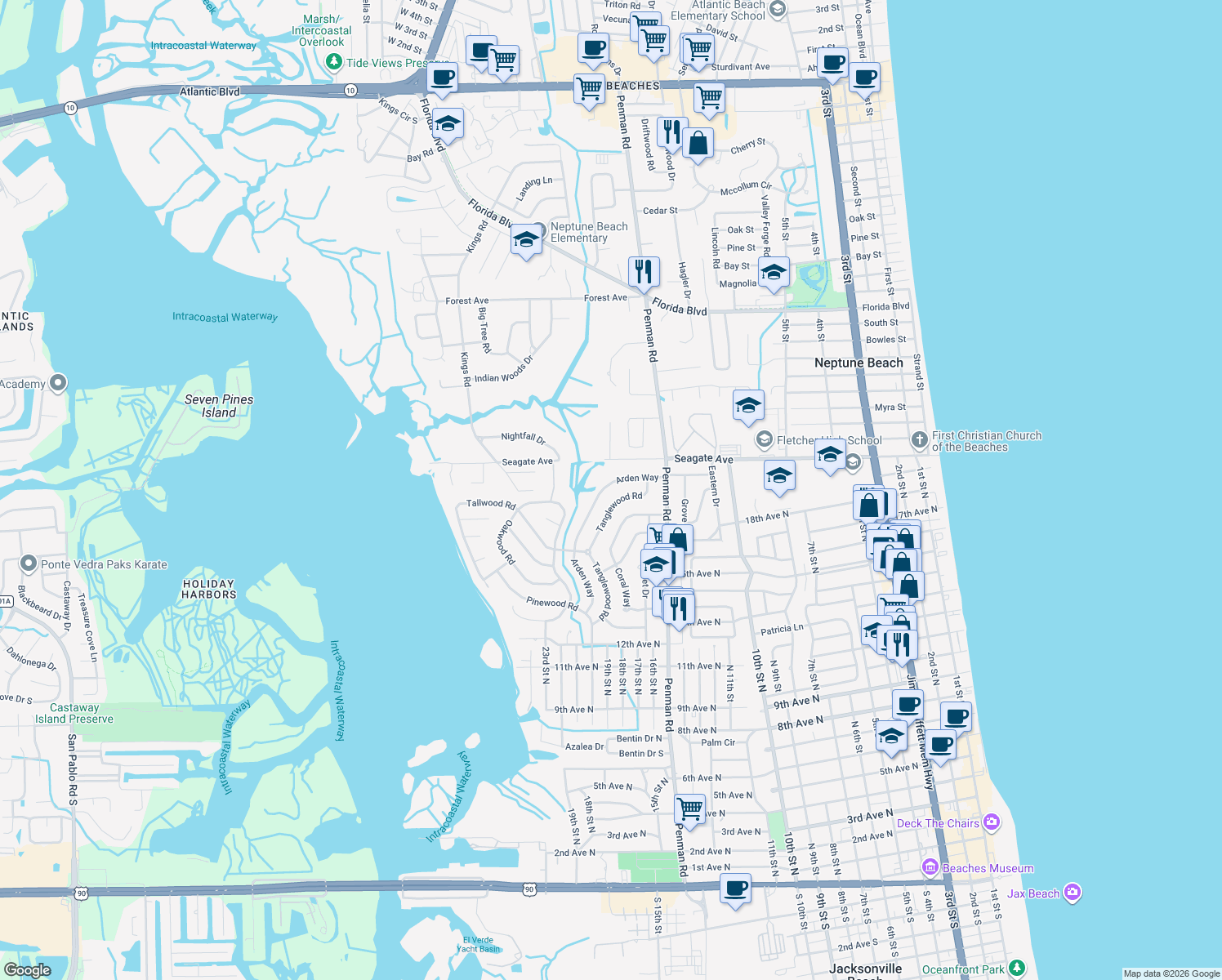 map of restaurants, bars, coffee shops, grocery stores, and more near 1812 Arden Way in Jacksonville Beach